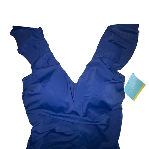 Bal Harbour Swim Blue V-Neck Ruffle One Piece Swimsuit Size 16 NWT Wirefree - Picture 2 of 9
